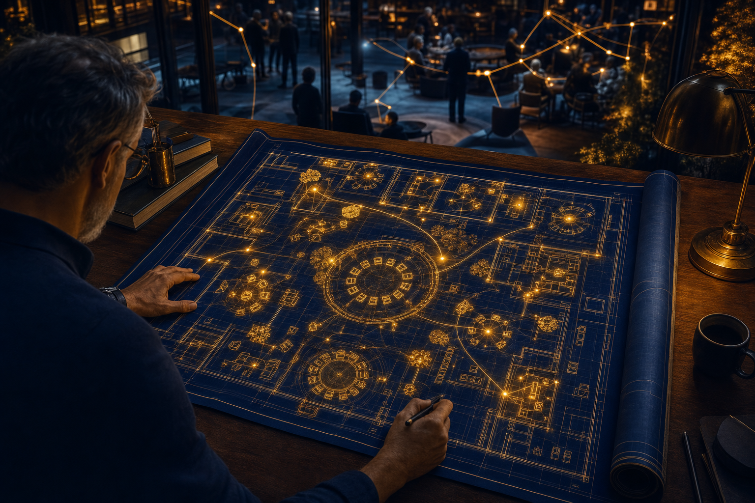 Gathering Architect: A luminous blueprint unfolding on a dark architect's table — warm amber lines tracing the structure of a gathering that actually works; deep navy sky, the glow of purpose drawn before a single chair is moved
